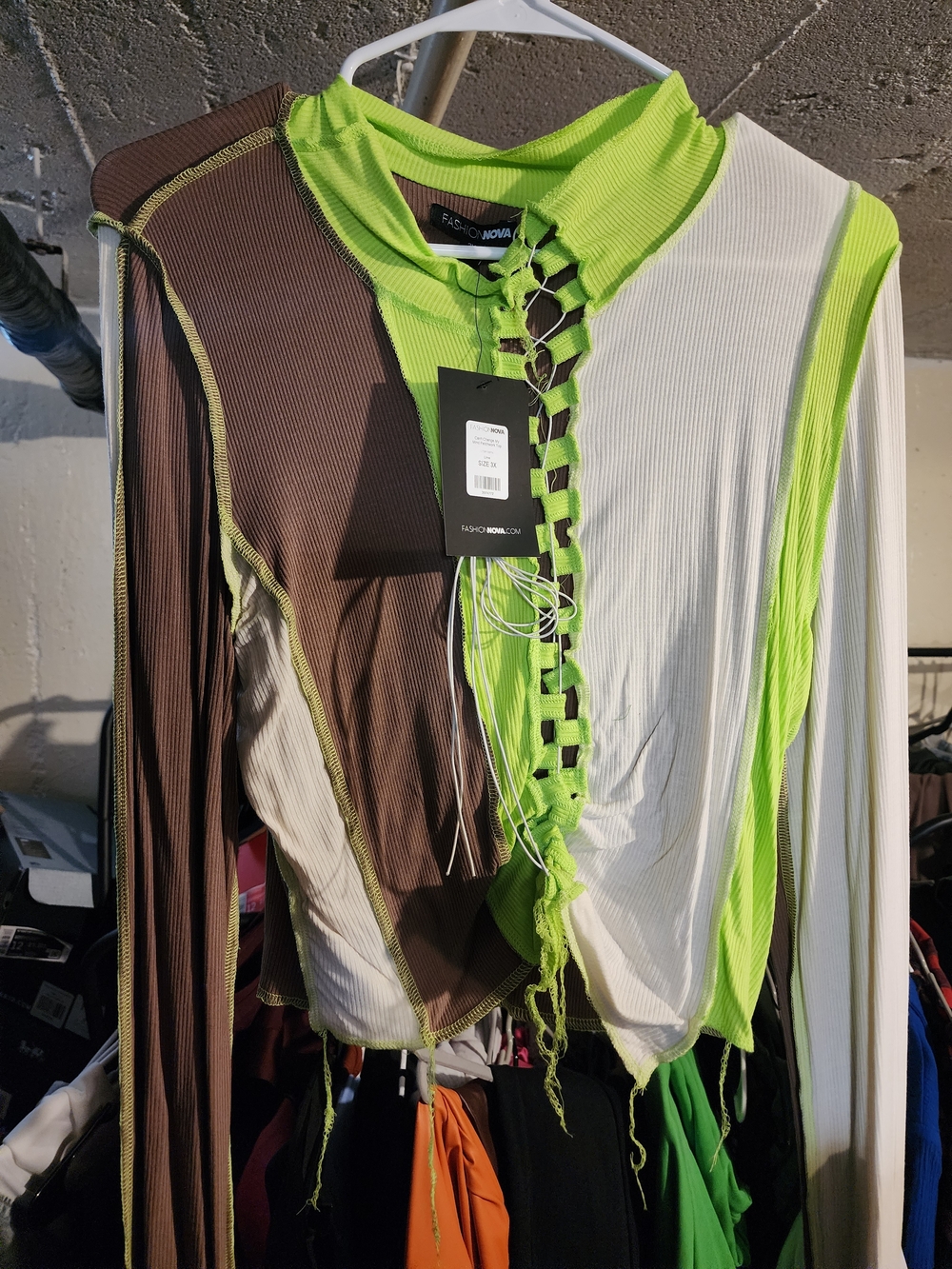 Fashion Nova Neon Green, Brown & White Patchwork Lace-Up Top